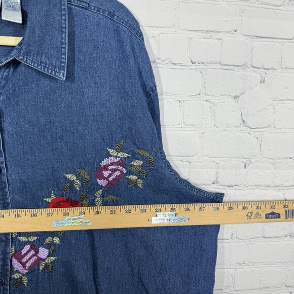Vintage 90s Y2K Blouse Women Plus 2X Blue Denim Chambray Floral Embroidered Top - Picture 7 of 13